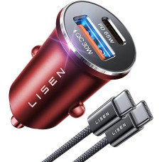 LISEN 95 W cigarečių žiebtuvėlio USB C daliklis 12 V lizdas Dvigubas PD65 W automobilinis įkroviklis USB C automobilinio įkroviklio adapteris Greitasis įkrovimas su USB C kabeliu Samsung S24 iPhone 16 15 Pro Max Android Raudona