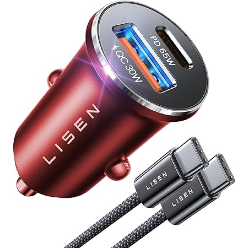 LISEN 95 W cigarečių žiebtuvėlio USB C daliklis 12 V lizdas Dvigubas PD65 W automobilinis įkroviklis USB C automobilinio įkroviklio adapteris Greitasis įkrovimas su USB C kabeliu Samsung S24 iPhone 16 15 Pro Max Android Raudona