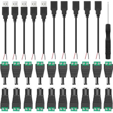 Youmile 10 porų 12V nuolatinės srovės maitinimo jungtis 5,5 mm x 2,1 mm 5A vyriškos ir moteriškos nuolatinės srovės maitinimo jungties kištuko adapteris CCTV kamerai su 5 vnt. USB kištuko kabelio, 5 vnt. USB lizdo, Phillips atsuktuvu