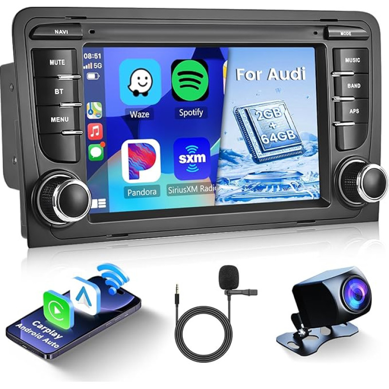 Hodozzy 2G + 64G Android automobilinis radijas Audi A3 S3 RS3 2003-2012 su belaidžiu CarPlay Android automobiliu, 7 colių jutiklinis ekranas su GPS navigacija WiFi Bluetooth FM/RDS EQ USB Mirrorlink SWC + atbulinės eigos kamera