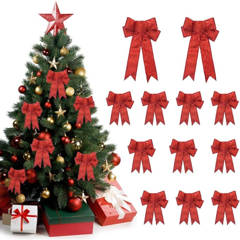 HO2NLE 12 raudonų lankų Kalėdų eglutei, Kalėdų eglutės puošmena, lankas, blizgučiai, raudoni kalėdiniai lankai, kalėdiniai vainikai, lankai Kalėdų eglutei, durims, sienai, dovanoms, Kalėdų vakarėliui