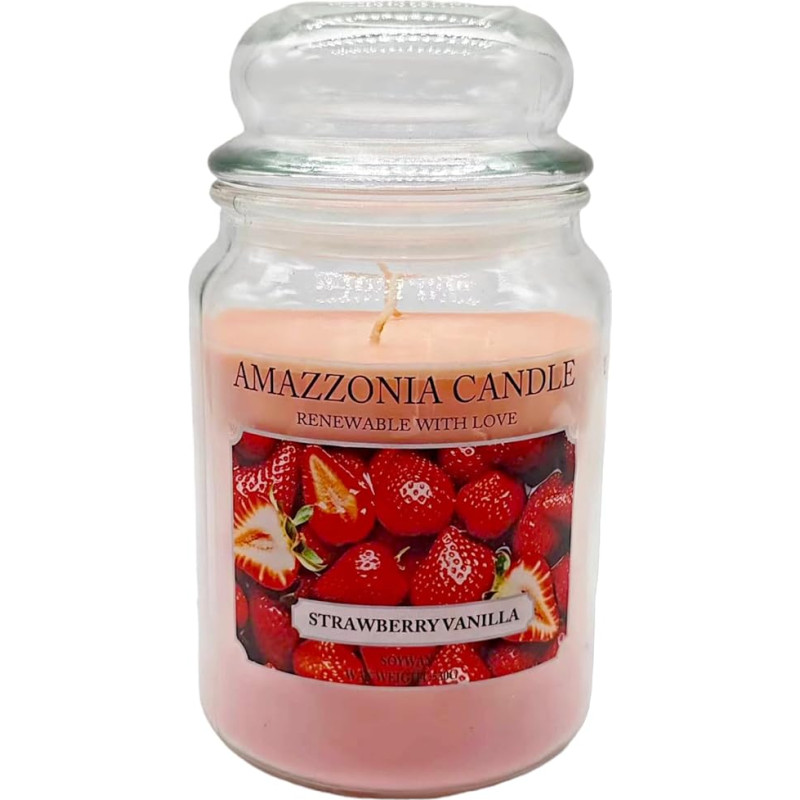 Amazzonia Candle Strawberry Vanilla 530 g Natūralaus kvapo žvakė Sojos vaško kvapioji žvakė aplinkai Dekoratyvinė balta žvakė Stiklas Jara