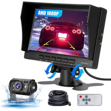 CAMECHO Reversing Camera Set with 7 Inch LCD Display, AHD Reversing Camera with IP69 Waterproof Night Vision, Support Reversing Aid Line, Picture Mirrors for Truck/Bus/Van/Trailer 12V-24V