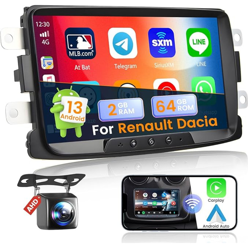 Hikity [2G + 64G] Android 13 automobilinis radijas Renault Dacia Duster Sandero Logan Dokker su belaidžiu Carplay Android Car 8 colių ekrano automobilinis radijas su GPS WiFi Bluetooth FM RDS HI-FI atbulinės eigos kamera