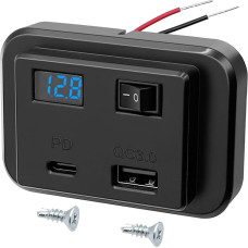 Giantdeer PD+QC3.0 12V~26V dvigubas USB lizdas automobiliui su LED įtampos ekranu, 4,8 A, 20 W su jungikliu, skirtas DC12V~26V automobiliui ATV Campervan