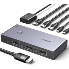 UGREEN 8K @ 60Hz Displayport KVM jungiklis, DP 1.4 KVM jungiklis, KVM jungiklis 2 kompiuteriams, 1 monitoriui, 4K @ 240Hz, 4 prievadų USB jungiklis, KVM jungiklis USB C, 4 prievadų USB jungiklis klaviatūrai, pelei, kietajam diskui, spausdintuvui ir