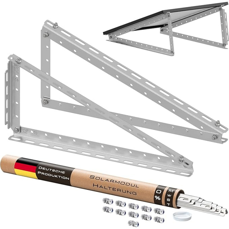 1 komplektas saulės kolektorių laikiklis - 0% PVM │ Laikiklis skirtas saulės kolektoriams iki 114,5 cm ir 600 W │ Tvirtas saulės kolektorių laikiklis │ Reguliuojamas pasvirimo kampas 0° - 90° │ Plokščias stogas, balkono elektrinė, siena ir kt.