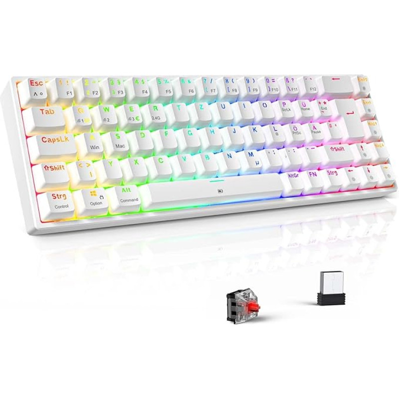 TECURS Gaming Keyboard - RGB Mechanical Keyboard Wireless Bluetooth/2.4G/with Cable, 65% QWERTZ Gamer Keyboard with Red Switch for PC/Laptop/PS4/PS5, White
