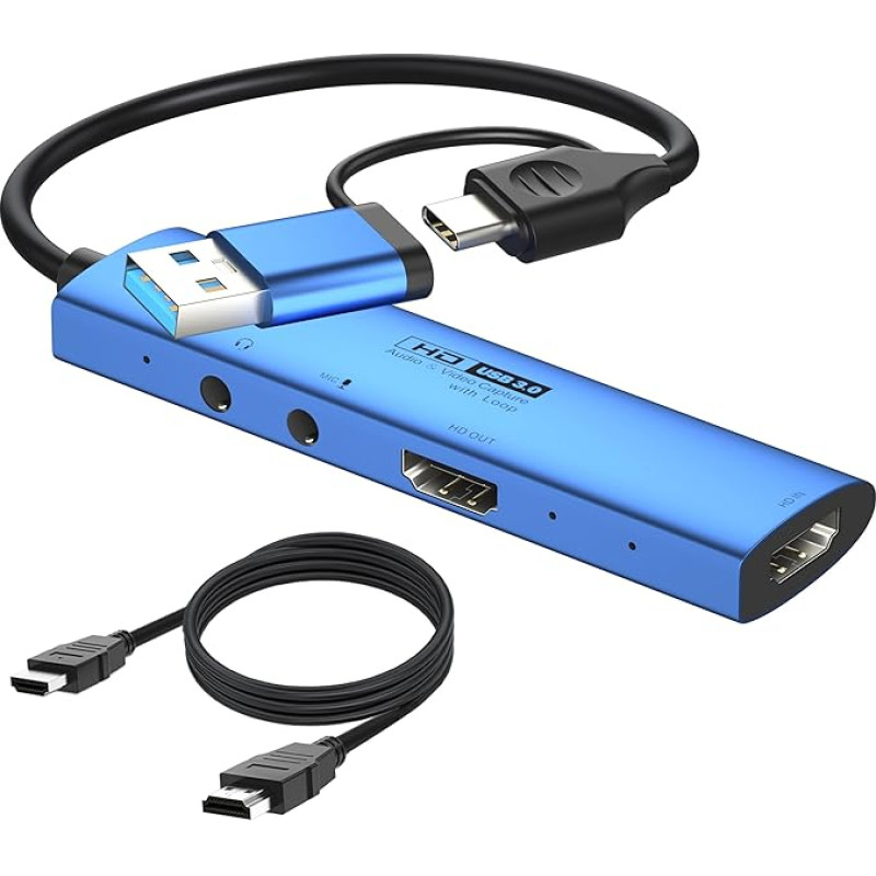 YCE vaizdo įrašymo kortelė 4K HDMI į USB-C/USB 3.0 4K/30Hz Loop Out 1080P 3,5 mm garso išvesties fiksavimo kortelė su 2M laidu Žaidimų fiksavimo HDMI į USB adapteris tiesioginėms transliacijoms, žaidimams, vaizdo konferencijoms