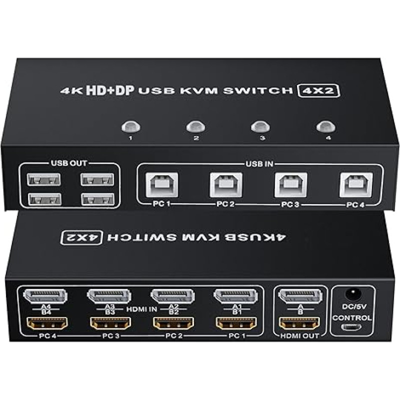 HDMI Displayport USB 2.0 KVM jungiklis 4 prievadai, BolAAzuL 4 kompiuteriai 2 monitoriai 4K @ 60Hz HDMI 2.0 DP 1.2 KVM perjungimo dėžutė Dvigubi monitoriai, klaviatūra pelė Periferiniai įrenginiai HDMI+DP KVM perjungiklis 4 į 2 išėjimai