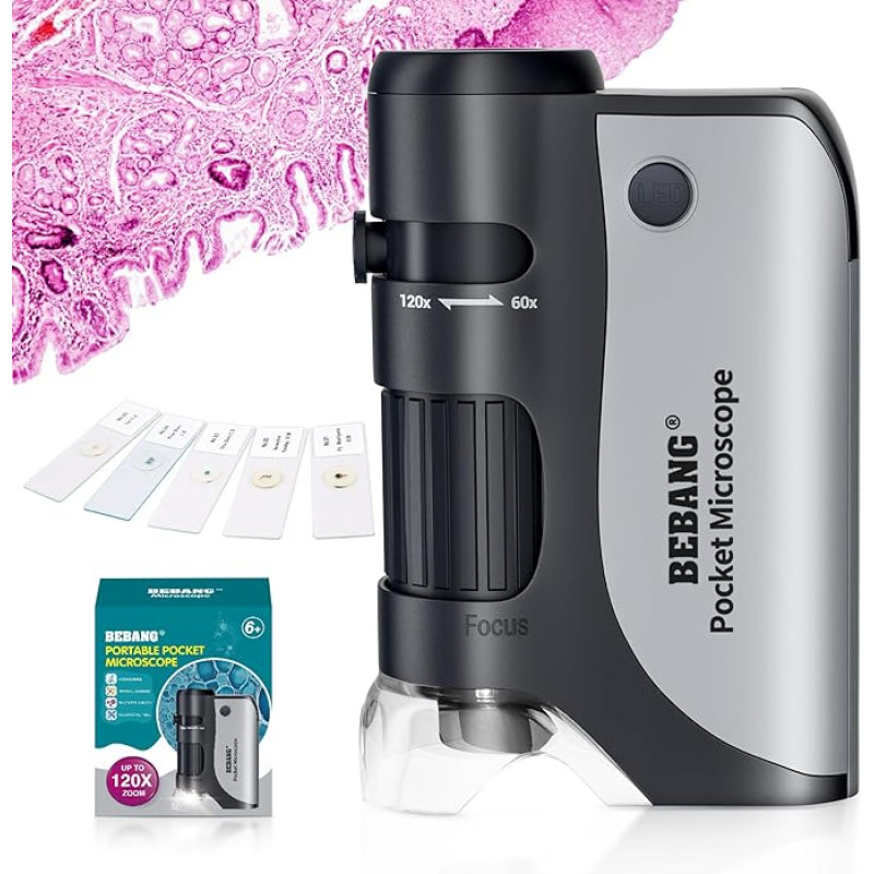 BEBANG 60x-120x Pocket Microscope, Handheld Mini Microscope for Kids with LED Illuminated Zoom, Portable Microscope for Kids, Students, Adults, Microbiological Observation, Preschool