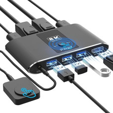 8K @ 60Hz Displayport KVM jungiklis, DP 1.4 KVM jungiklis 2 kompiuteriams, 1 monitoriui, 4K @ 240Hz, 3 prievadų USB 3.0 jungiklis, USB jungikliai klaviatūrai, pelei, kietajam diskui, spausdintuvui