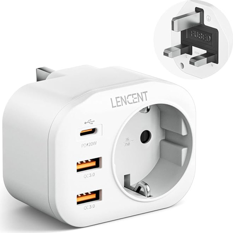 LENCENT Travel Adaptor Power Adapter UK Adapter England Germany Plug with 2 USB QC3.0 + 1 Type-C PD Ports, Type G Travel Plug Power Adapter for UK Ireland Socket