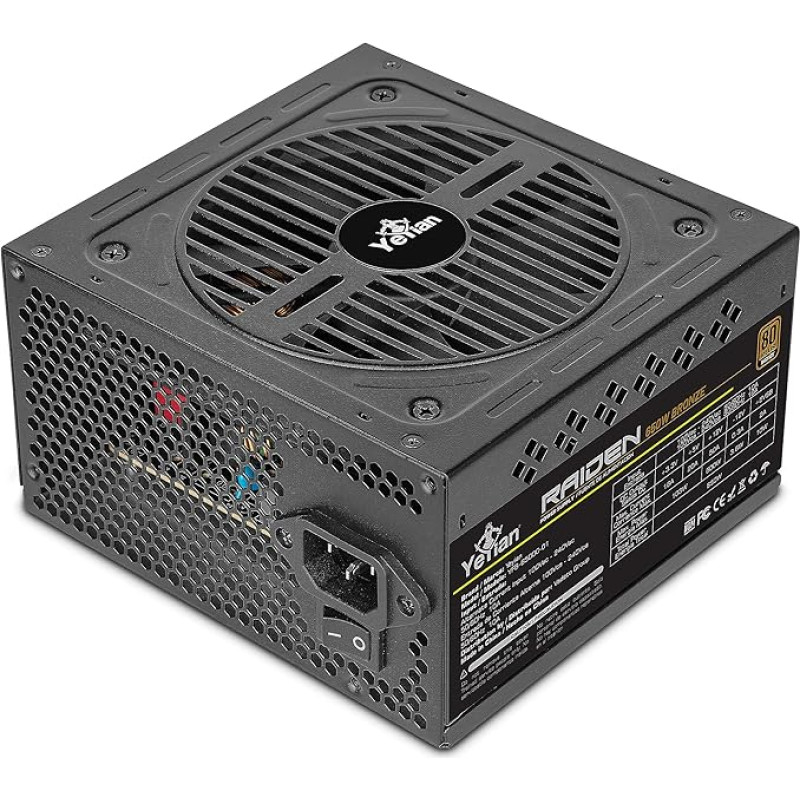 Yeyian Raiden 650W nemodulinis kompiuterio maitinimo šaltinis 80+ Bronze | PCIE 6+2 | ATX 12V Ver 2.0 | 80 Plus Bronze | plokščias kabelis | 120 mm ventiliatorius | žaidimų kompiuteris, suderinamas su Intel Nvidia AMD (juodas)