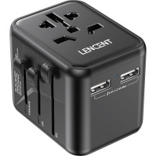 LENCENT International Travel Adapter with UK/USA/EU/AU Plug, Universal Travel Adapter with 2 USB Ports, All-in-One Travel Plug Worldwide for over 200 Countries, Black