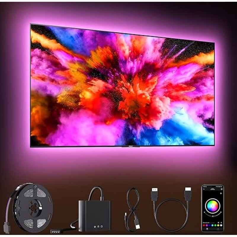 TV LED Backlight with HDMI Sync Box, Backlight Support of 1080P @ 60Hz Pure Colour Lighting Effect, App Control, Ambient Lighting for PCs Under 65 Inches