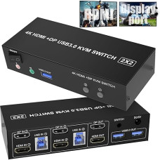 DP + HDMI KVM jungiklis 2 kompiuteriams 2 monitoriams, 4K @ 60Hz HDMI DisplayPort išplėstinis ekrano jungiklis 2 kompiuteriams, skirtas dalytis 2 monitoriais ir 3 USB 3.0 prievadais, pridedamas nuotolinio valdymo pultas ir USB kabelis