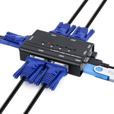 4 prievadų KVM jungiklis VGA, VGA USB KVM perjungiklis 4 kompiuteriams su 1 monitoriumi, palaiko 1080P Full HD, su 3 USB 2.0 sąsajomis klaviatūrai, pelei, spausdintuvui, U diskui, su 2 KVM 2-in-1 kabeliais