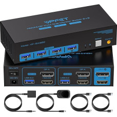 8K @ 60Hz HDMI + Displayport KVM jungiklis Dviejų monitorių USB 3.0 KVM perjungiklis 4K @ 120hz 2 kompiuteriams dalytis 2 monitoriais ir 4 USB prievadais Palaiko DP 1.4 HDMI 2.1 su laidiniu valdikliu, 12 V nuolatinės srovės adapteriu