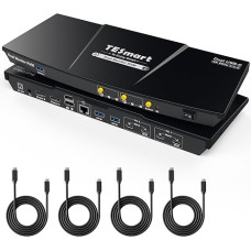 TESmart USB3.0 USB-C KVM jungiklis 2 monitoriams 2 kompiuteriams, KVM jungiklis dviem monitoriams 4K@60Hz, MST režimas, palaiko gigabitinį tinklą, EDID emuliatorius, ausinių prievadas, sparčiųjų klavišų jungiklis, mygtukų jungiklis su