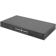 DIGITUS 19 colių PoE tinklo komutatorius - 16 prievadų Gigabit + 2 prievadai Gigabit SFP - nevaldomas - VLAN - 250 W PoE galios biudžetas - 10/100/1000 Mbps - juodas