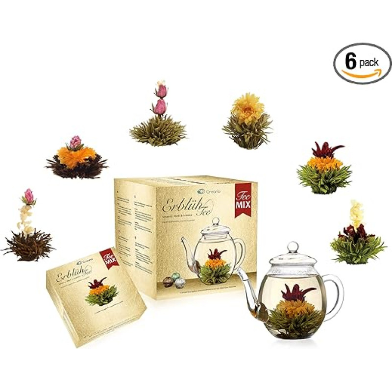 Creano Teeblumen Mix - Golden Gift Set Blooming Tea with Glass Teapot White, Green & Black Tea in 6 Varieties Gift for Women 7 Pieces