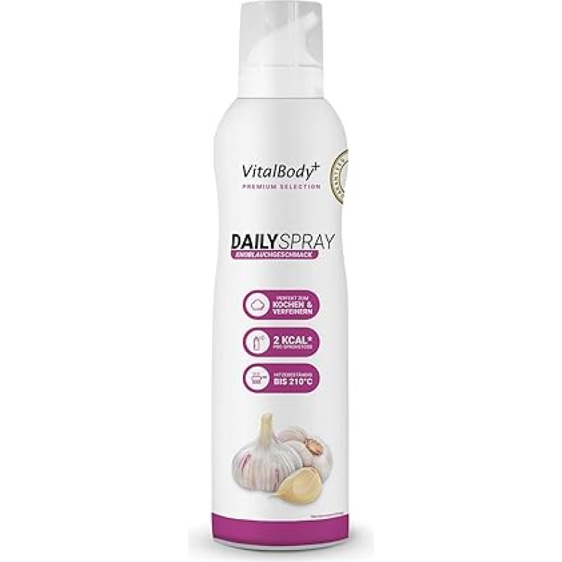 VitalBody+ DailySpray česnakų skonio purškiklis, 800 porcijų, 2 kcal Rapsų aliejaus purškiklis kepimui, kepimui ant grotelių ir kepimui, skirtas lieknėjimui, nepridegantis česnakų skonio kepimo purškiklis