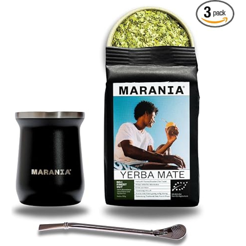 MARANIA Yerba Mate arbatos rinkinys - Yerba Mate rinkinys su 125 g Mate ekologiškos arbatos ir Mate puodeliu bei Bombilla Mate šiaudeliu iš nerūdijančio plieno - Mate arbatos dovanų rinkinys