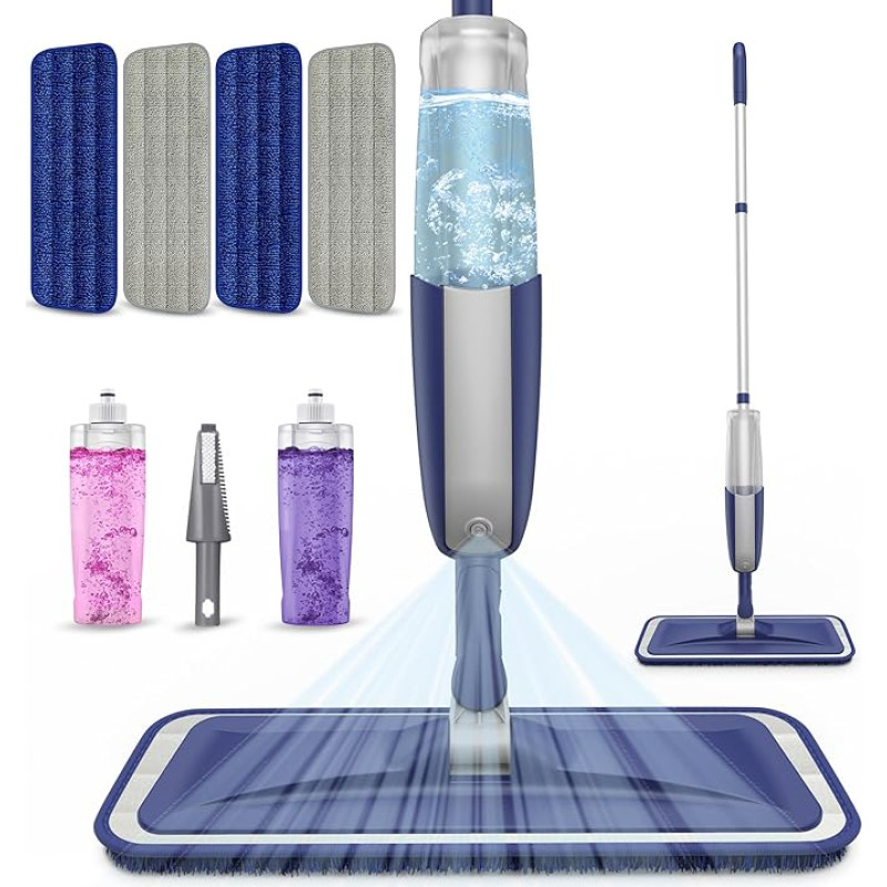 MEXERRIS drėgnas dulkių šluostė kietmedžio grindims valyti - mikropluošto purškiamas šluostė su 4 daugkartinio naudojimo skalbiamaisiais padėkliukais, 2 buteliai, medinių grindų šluostė su purkštuku, skirta kietmedžiui, laminatui, komerciniam naudojimui,