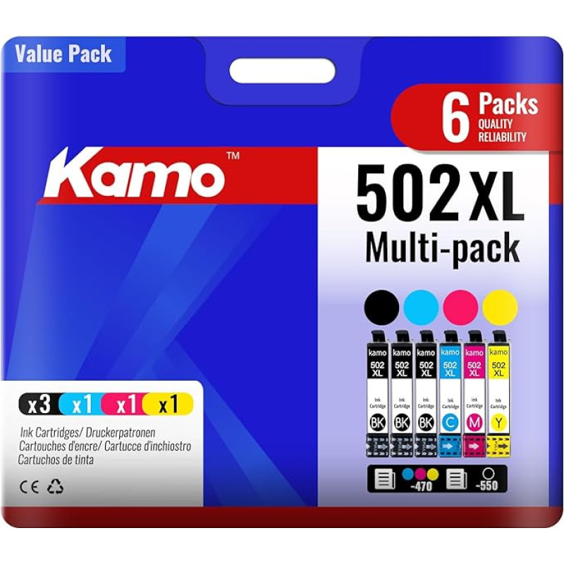 kamo 502 XL Printer Cartridges Compatible with Epson 502 502XL Cartridges Multipack (6-Pack) for Expression Home XP-5100 XP-5105 XP-5150 XP-5155, Workforce WF-2860DWF WF-2865DWF WF-2880DWF WF-2885DWF