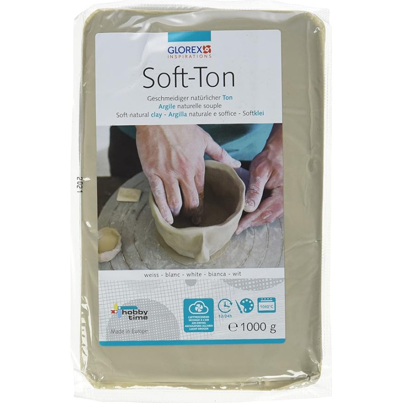 Glorex 6 8075 101 Soft Clay White 500 g Natural, Extra Soft and Smooth Clay, Air-Hardening and Suitable for Stove, White, 1000 g