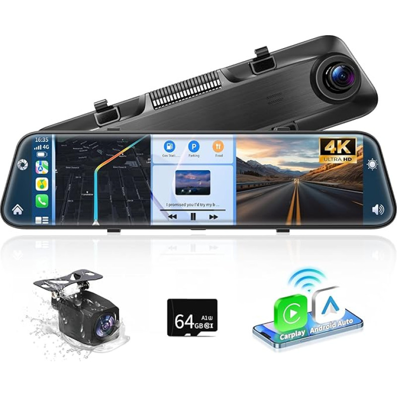 Alpinetech 10.66 Inch 4K Reversing Camera Mirror with Wireless CarPlay Android Car, Mirror Dashcam with Parking Aid Loop Recording Bluetooth Mirror Link AUX SD Card HD Touch Screen, Black