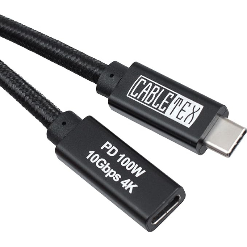 CABLETEX USB C Extension Cable 50 cm - Monitor Cable USB 3.2 Gen2, 100 W Power Delivery, 10 GBit/s, for Thunderbolt 3 Screens/Displays, Charging, Video and Audio Transmission