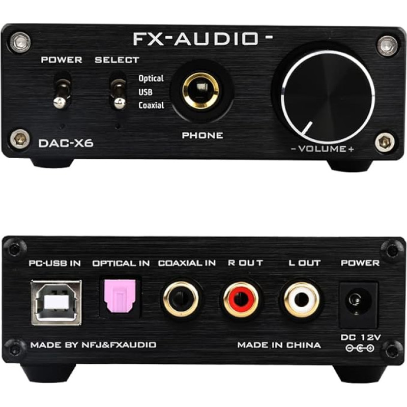 FX-Audio DAC-X6 Mini HiFi 2.0 skaitmeninis garso dekoderis DAC įvestis USB/koaksialinis/optinis išėjimas RCA/ ausinių stiprintuvas 24 bitų/192 KHz DC12 V (juodas)