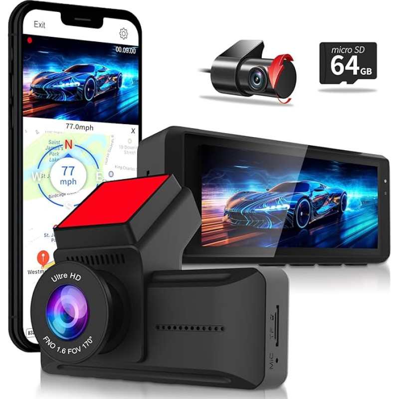 Car Camera with 4K Resolution, WiFi Dash Cam with GPS and Loop Recording, Dash Cam with 170° Wide Angle Lens and Night Vision, Dash Camera with G-Sensor, Parking Monitor
