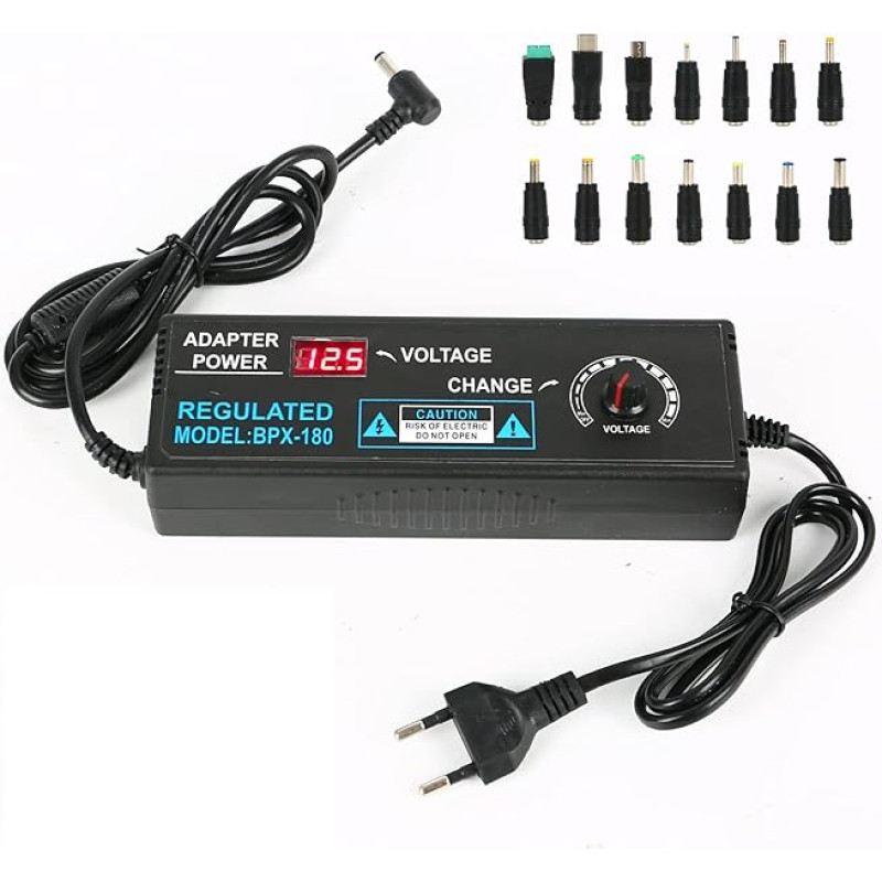 Universal Adjustable Power Adapter, 3V-24V 5A 120W Adjustable Power Supply Adapter, 100V-240V Plug Power Supply with 14 Tips Adapter Plug for Household Appliances LED Lighting, DVD, TFT Monitor