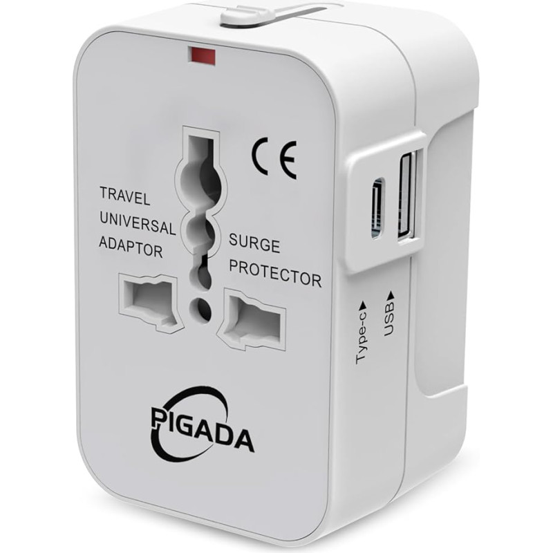 Universal Travel Adapter with 1 USB and 1 USB C, PIGADA TA02 International Socket Adapter, Travel Plug Adapter Worldwide for Germany, USA, England, Thailand, Italy, Australia