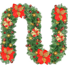 Kalėdų girlianda, eglės girliandos dekoracijos, kalėdinis eglės vainikas su gėlėmis ir uogomis, dirbtinė kalėdinė girlianda, kalėdinė laiptų, židinio, lauko durų, terasos dekoracija (H)