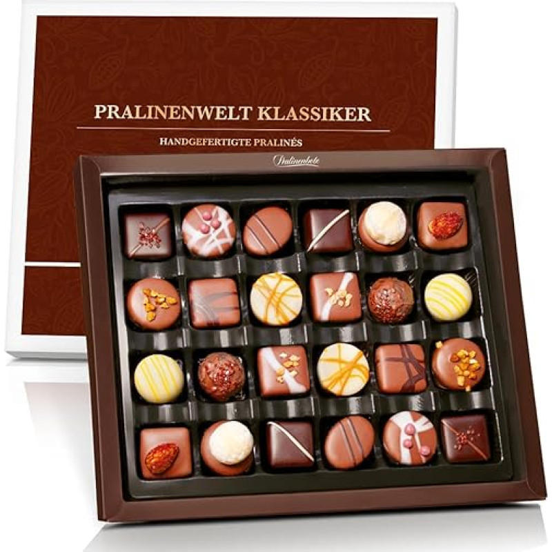 Pralinenbote Genussmanufaktur – Pralinenwelt Classic with 24 Handmade Chocolates of German Chocolatiers, the Exclusive Chocolate Gift