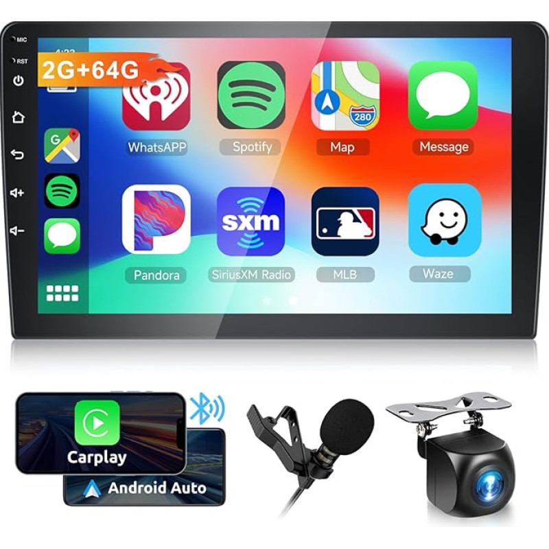 Hodozzy 9 Inch 2G + 64G Android Car Radio 2 DIN with Wireless Carplay and Android Car, Bluetooth Double DIN Car Radio with Screen Mirror Link, Reversing Camera, FM/RDS Radio, GPS Navi, WiFi/BT/USB/SWC