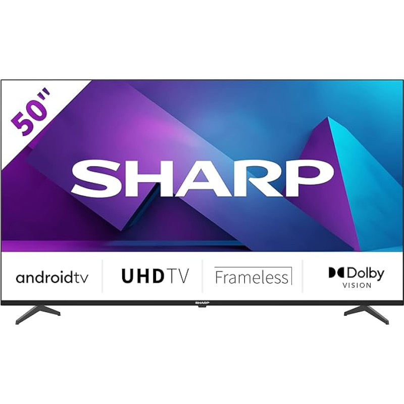 SHARP 50FN6E Android Frameless TV 126 cm (50 Inch) TV, 4K Ultra HD LED, Google Assistant, Amazon Video, Dolby Vision, HDR10, HLG, Bluetooth, Black