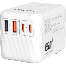 LENCENT International Travel Adapter, 65W GaN3 Universal Adapter with 2 PD3.0 Type C+2 QC USB A, Worldwide Power Adapter, All in One Travel Plug for EU/USA/UK/AU Sockets, White