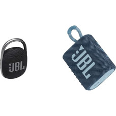 JBL Clip 4 Bluetooth Speaker in Black - Waterproof, Portable Music Box with Practical Carabiner & GO 3 Small Bluetooth Box in Blue, Pack of 1