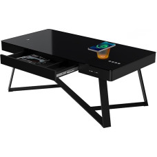 ATLASIO Coffee Table with Bluetooth Speakers and 2 Wireless Chargers, Living Room Table 120 x 60 cm with Smart Touchpad, USB & AUX, Sideboard with Inductive Charging Stations, Black