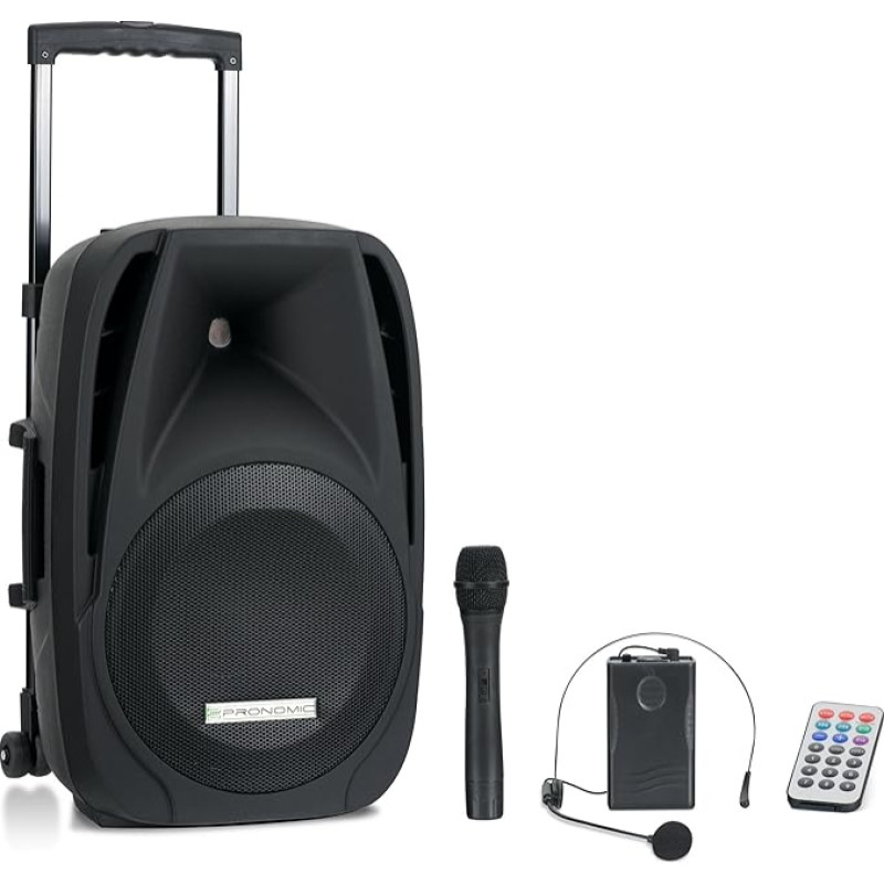 Pronomic 00036613 PH12AW Aktivbox, Trolley Box Speaker RMS, 5 Hours Battery Life, Bluetooth, MP3/SD/USB Player with Wireless Microphone, Headset – Remote Control