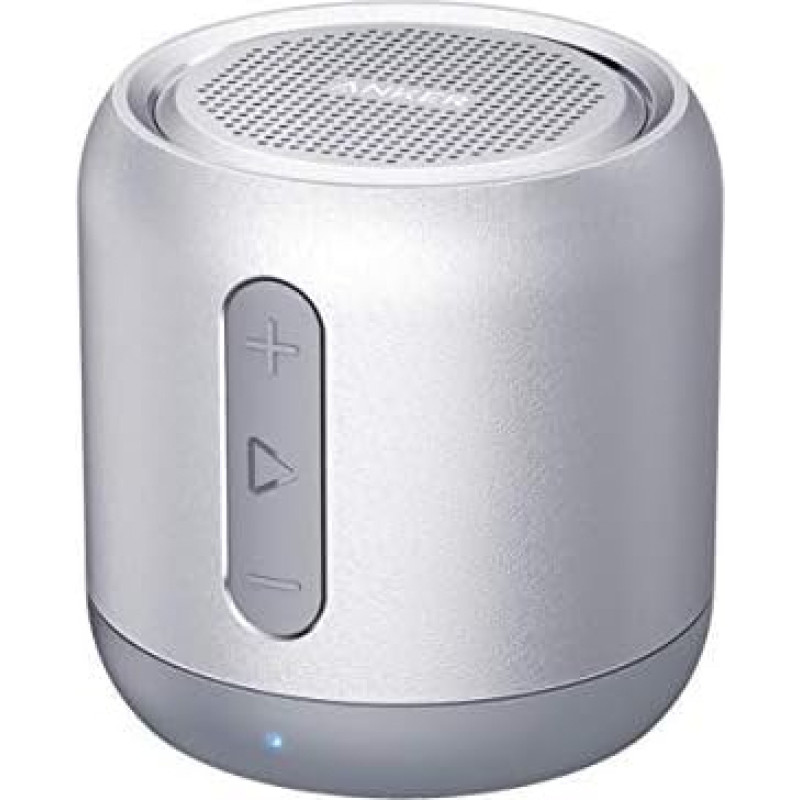 Anker SoundCore Mini Bluetooth Speaker, Compact Speaker with 15 Hours Playtime, 20 Metres Bluetooth Range, FM Radio and Intense Bass (Silver) (Refurbished)