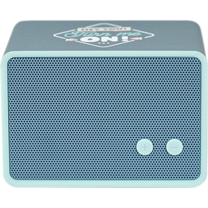 Bluetooth Speaker with Hey You! Turn me on! Design by Mr. Wonderful with a running time of 3-4 hours. Rectangular and blue.