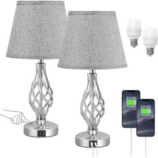 Kakanuo Bedside Lamp Touch Dimmable, Table Lamp Set of 2 with Charging Function USB A+C Ports 2 LED Bulbs, Grey Lampshade Metal Base, Modern Table Lamp for Decoration Living Room Bedroom Office