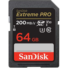 SanDisk Extreme PRO SDXC UHS-I 64 GB memory card (V30, 200 MB/s transfer speed, U3, 4K UHD video, SanDisk QuickFlow technology, temperature-resistant).