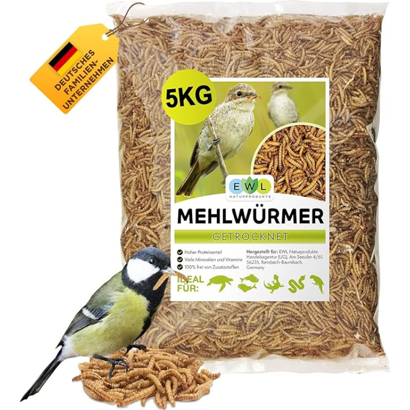 EWL Naturprodukte Mealworms Dried 5 kg (32,5 litro) Vabzdžių užkandžiai Paukščiai, žuvys, vėžliai, graužikai, ežiai, ropliai, lesalas paukščiams, laukiniai paukščiai, lesalas voverėms, lesalas žiurkėnams, lesalas žiurkėnams, lesalas ežiams